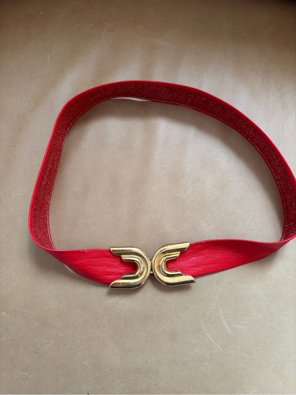 VTG Red Leather Waist Belt with Adjustable Gold Buckle